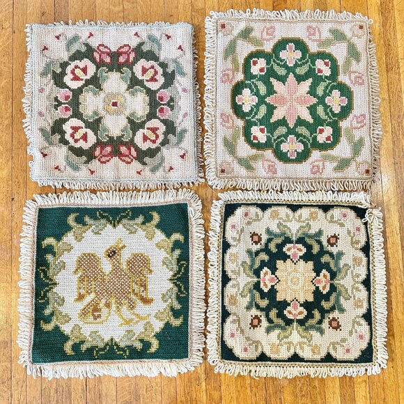 Handmade Portuguese Needlepoint Pillow Covers Set of 4 Wool Burlap Fringe 17x17 - Picture 1 of 13